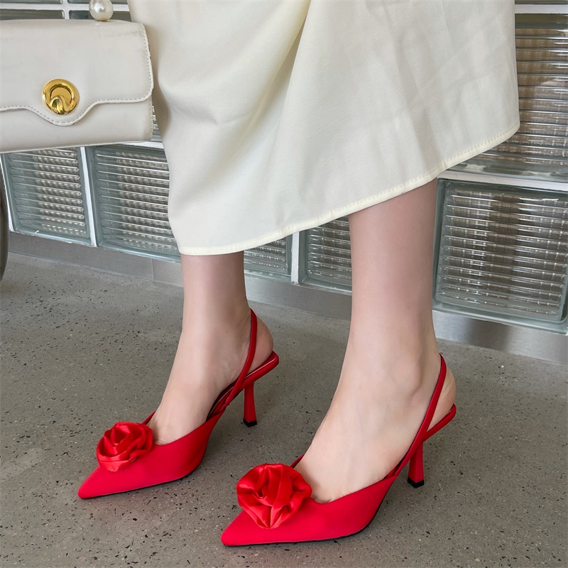 Women's shoes 2022 zaraˉsummer new red flower decoration slingback pointed toe s