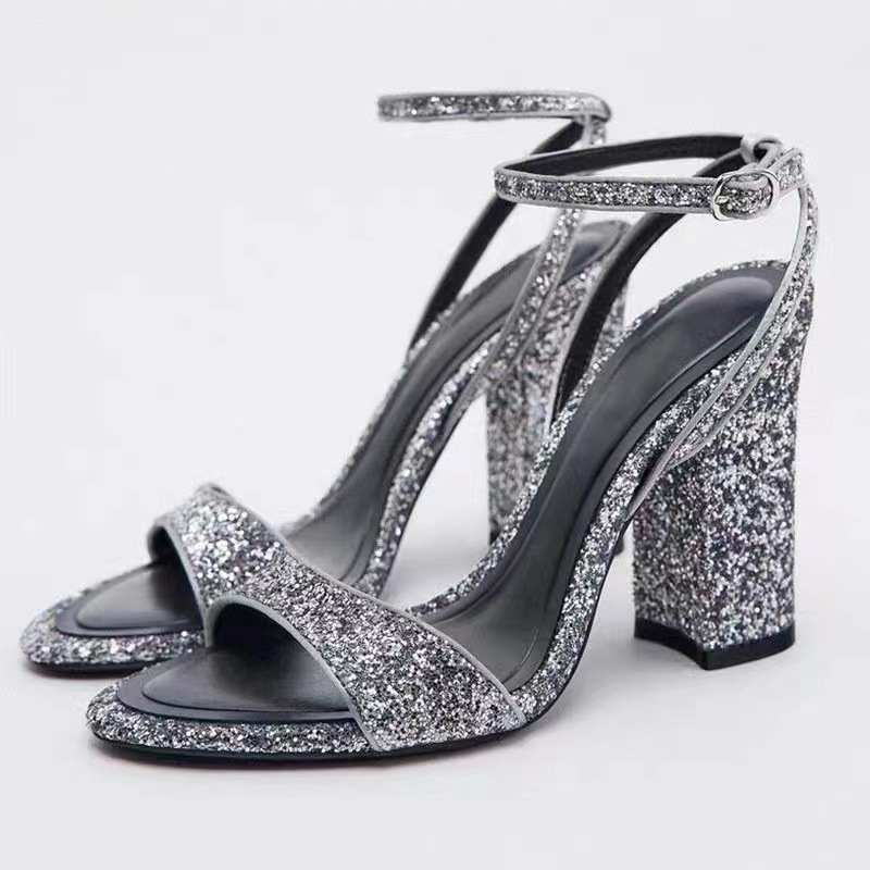 Zara - Glitter Block Heel Sandals - 5 -Silver - Female