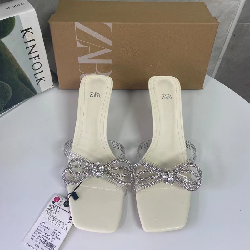 Zara Flat Sandals with Rhinestone-Studded Bow