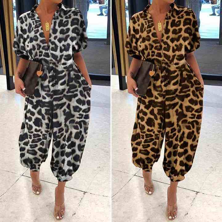 Summer Hot Sale Women's Jumpsuit Leopard Printed V-neck Short Sleeve Jumpsuit Vi