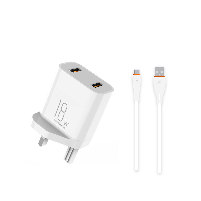 ITEL Wall Charger 18W DUAL PORT(USB-A) With TYPE-C CABLE